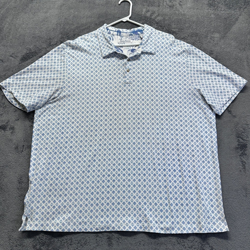 Tommy Bahama Polo Shirt Mens XXXL White Blue Diamond Geometric Short Sleeve
